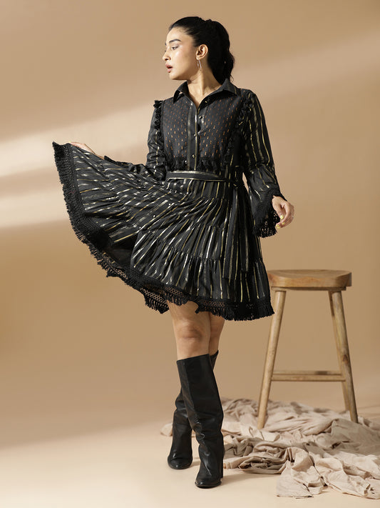 Black cotton lurex short tiered dress