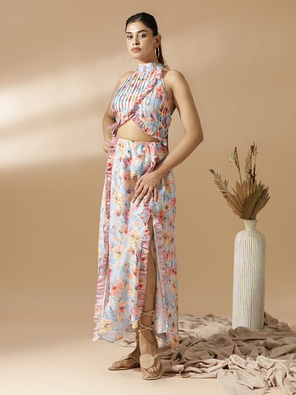 Pink&Blue Floral Long A-Line Dress