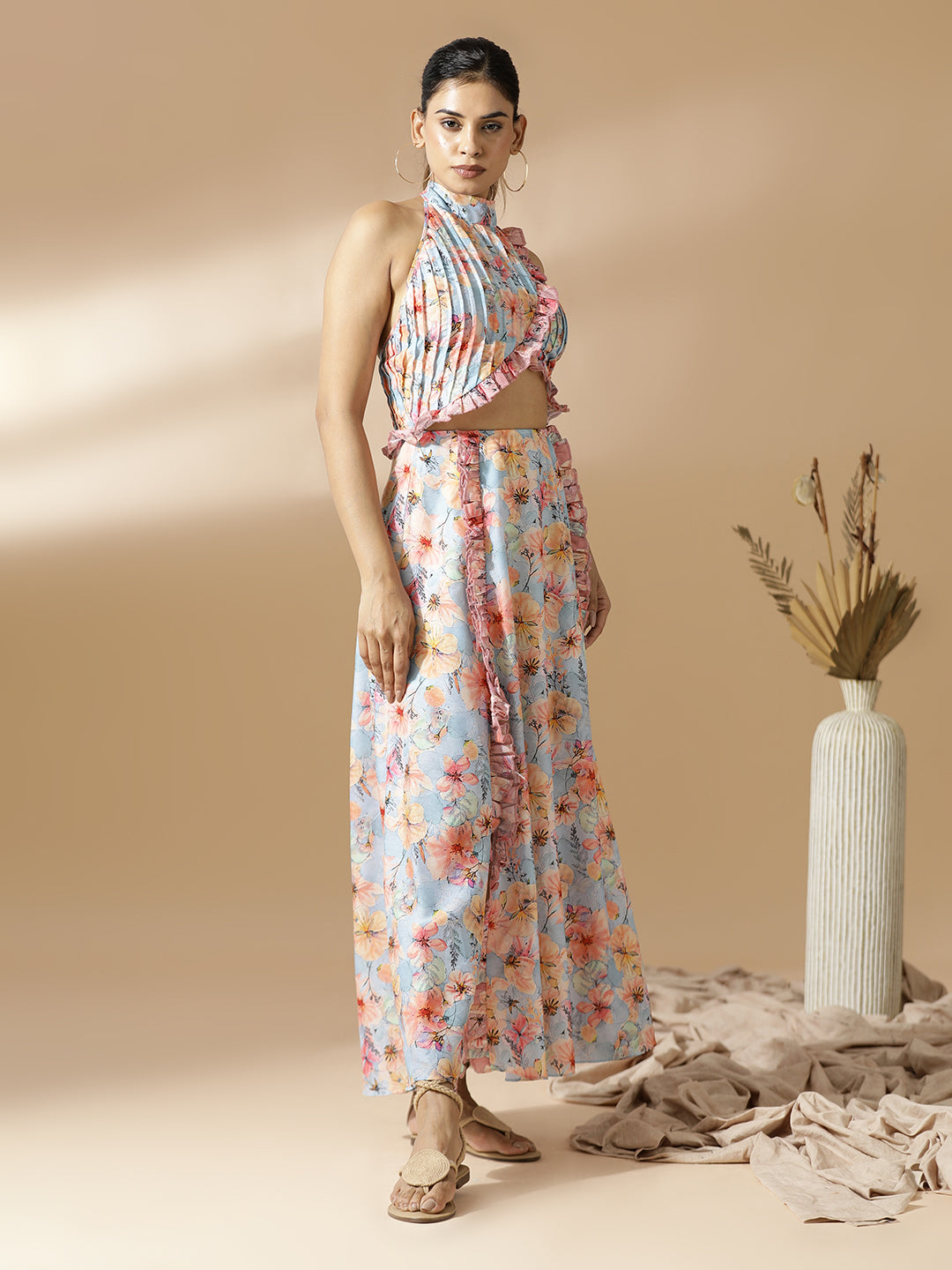 Pink&Blue Floral Long A-Line Dress