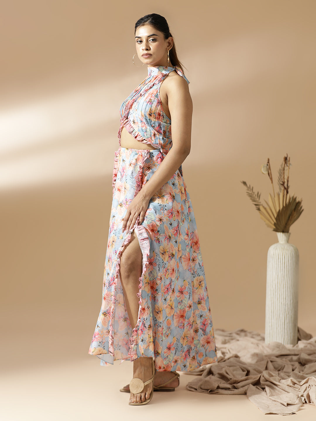 Pink&Blue Floral Long A-Line Dress