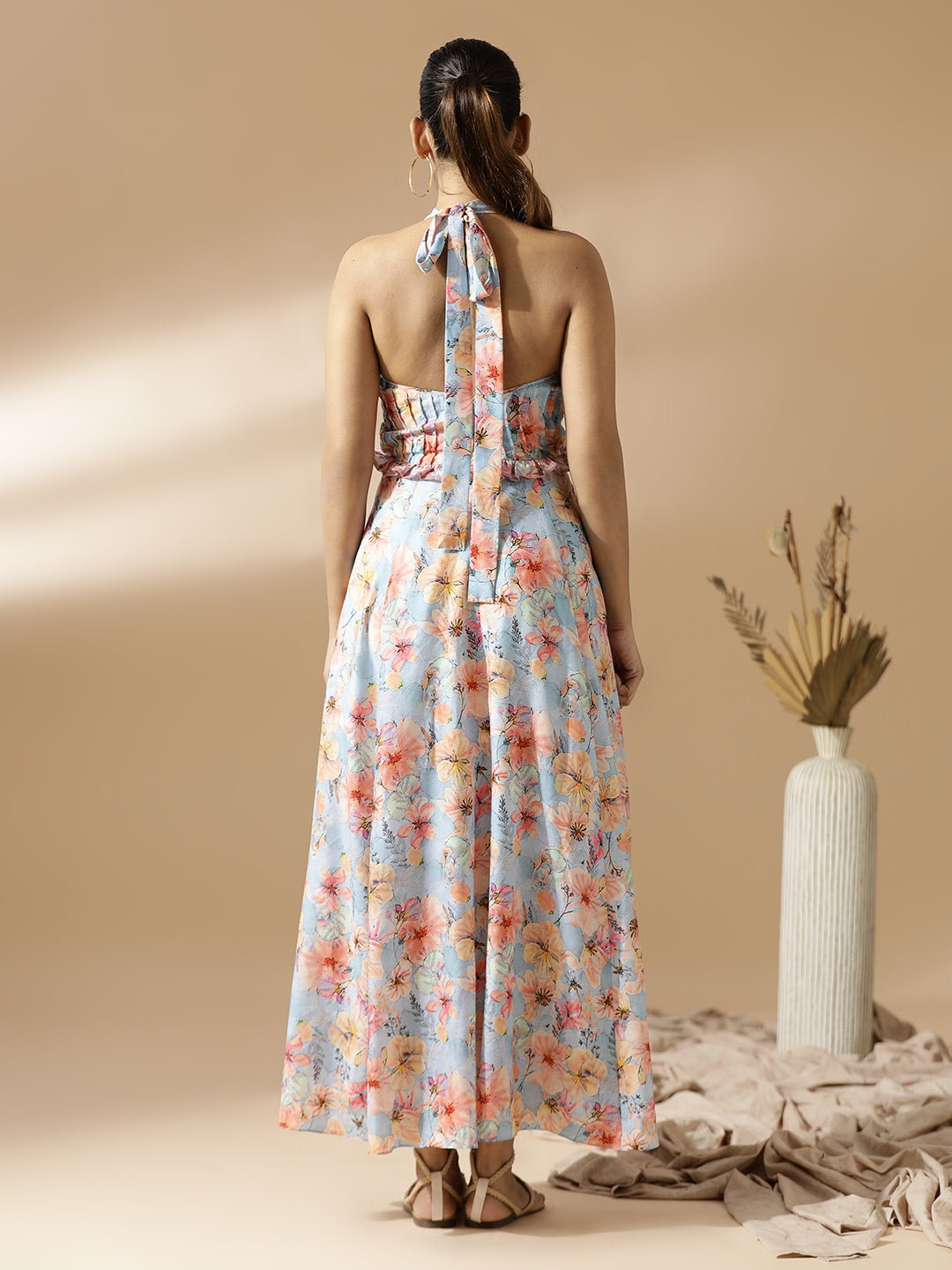 Pink&Blue Floral Long A-Line Dress