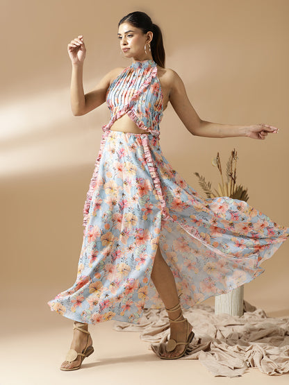 Pink&Blue Floral Long A-Line Dress