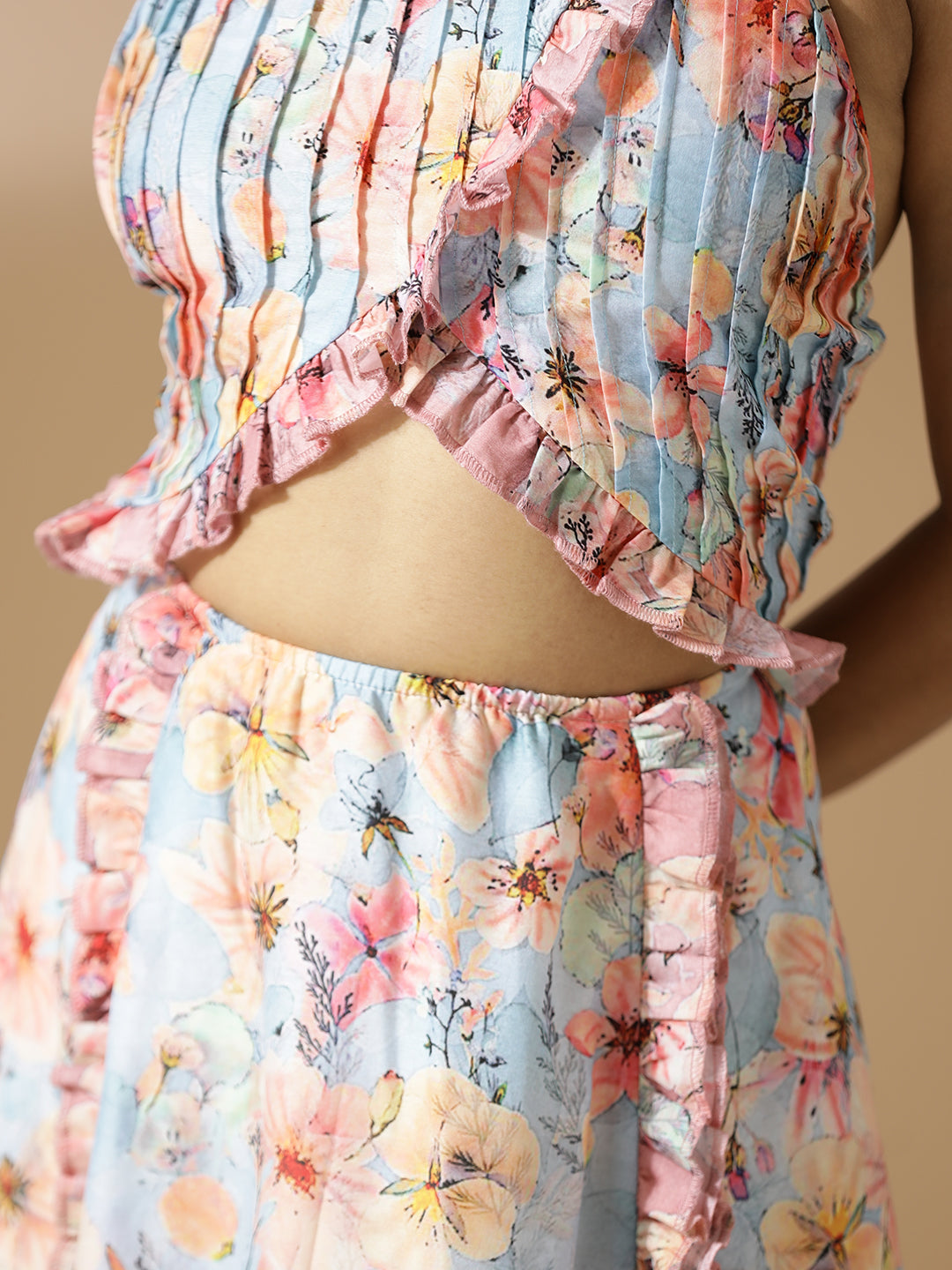 Pink&Blue Floral Long A-Line Dress