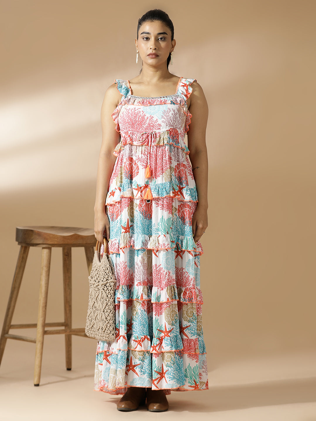 Coral Print Long Tiered Dress