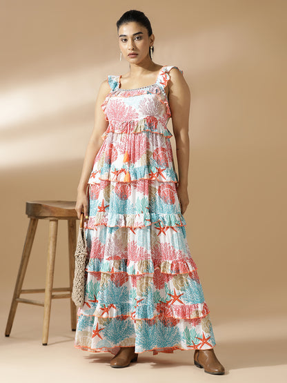 Coral Print Long Tiered Dress