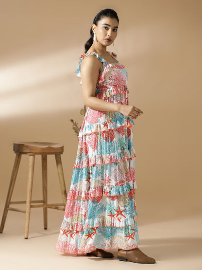 Coral Print Long Tiered Dress