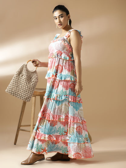 Coral Print Long Tiered Dress