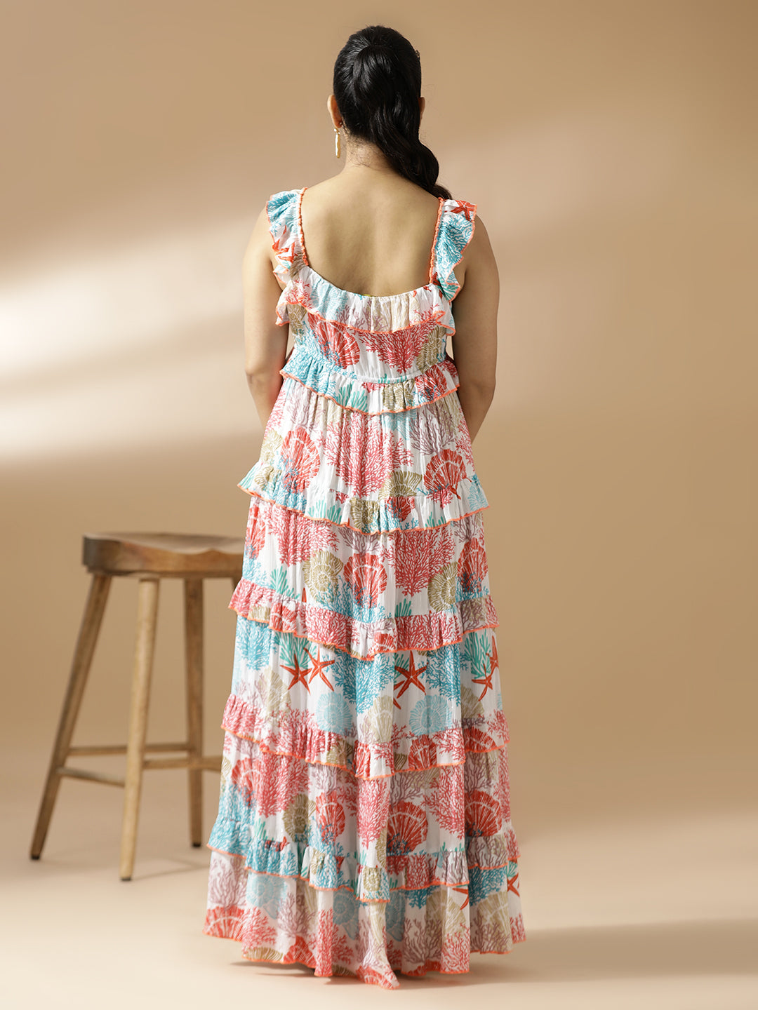 Coral Print Long Tiered Dress