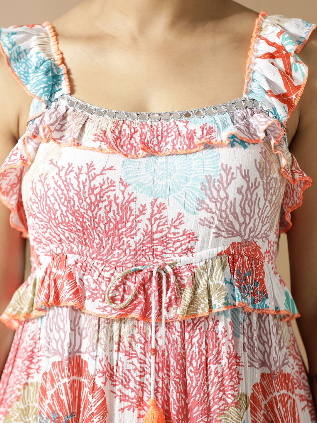 Coral Print Long Tiered Dress