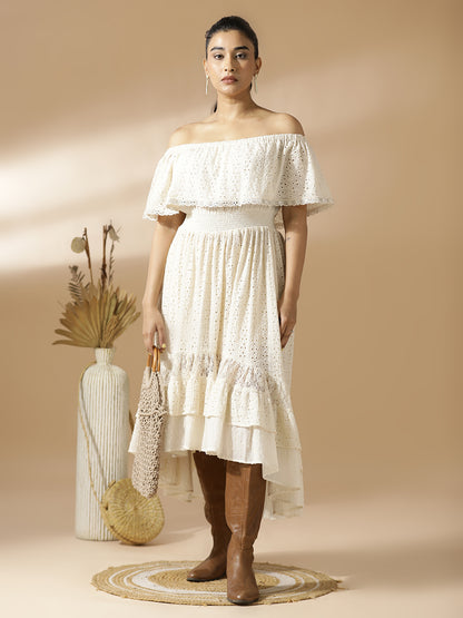 Off-White off-shoulder Schiffli Long Dress