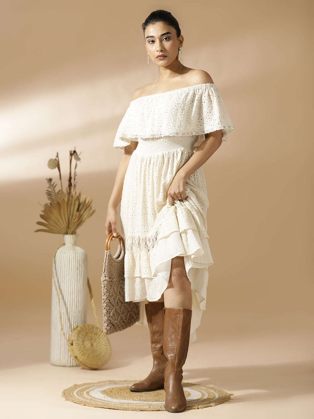 Off-White off-shoulder Schiffli Long Dress