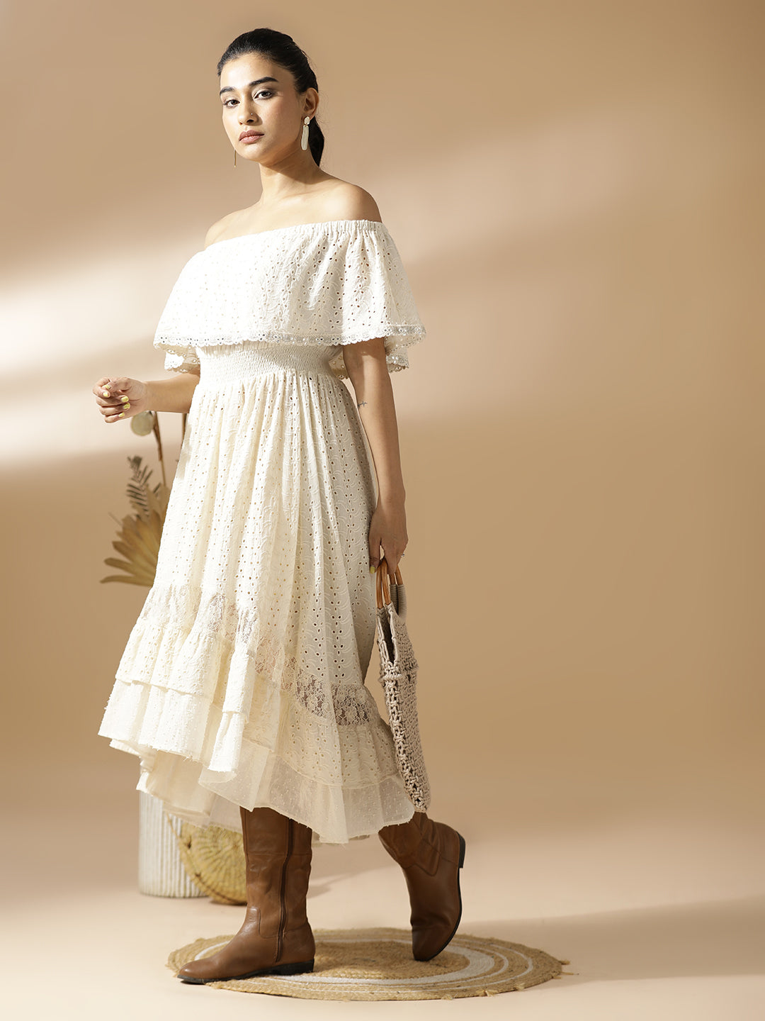 Off-White off-shoulder Schiffli Long Dress