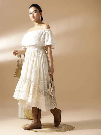 Off-White off-shoulder Schiffli Long Dress