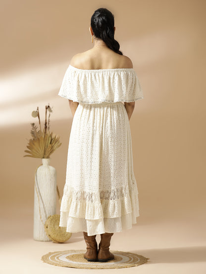 Off-White off-shoulder Schiffli Long Dress