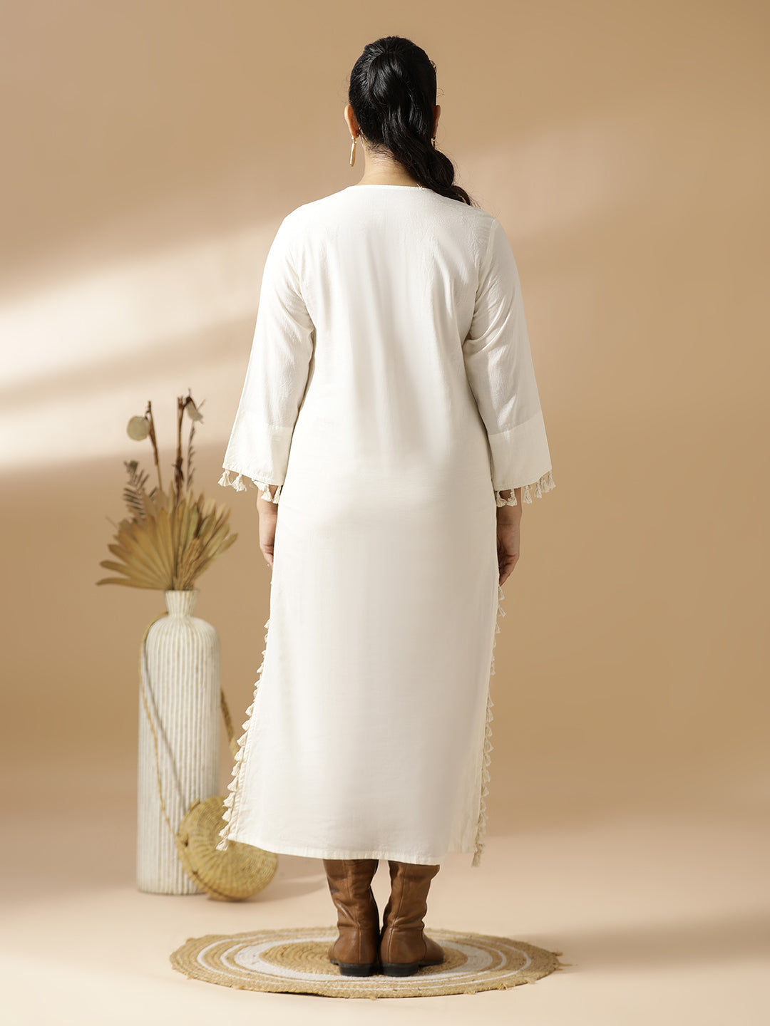 Off- White Embroidered Yoke Midi Dress