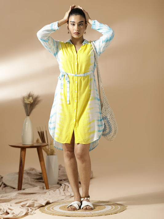 Blue and Yellow Tie&Dye Shirt Dress