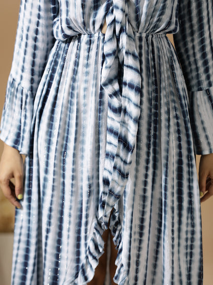 Indigo Tie&Dye front tie up midi dress