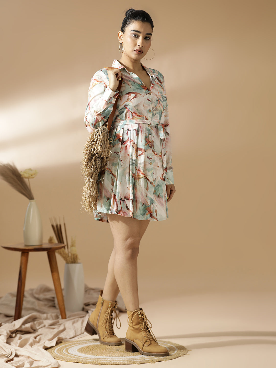 Green Leaf Print Shirt Dress