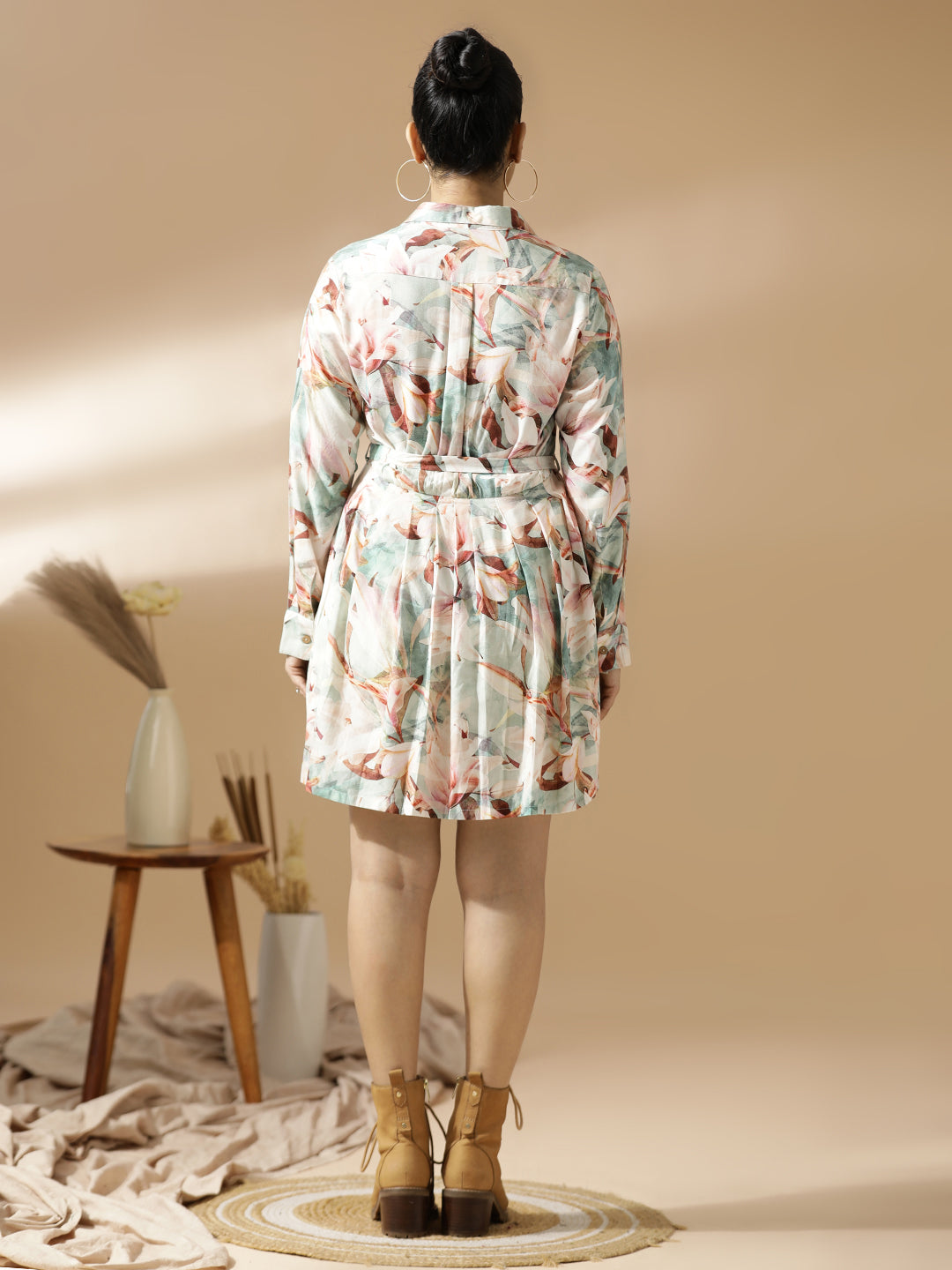 Green Leaf Print Shirt Dress