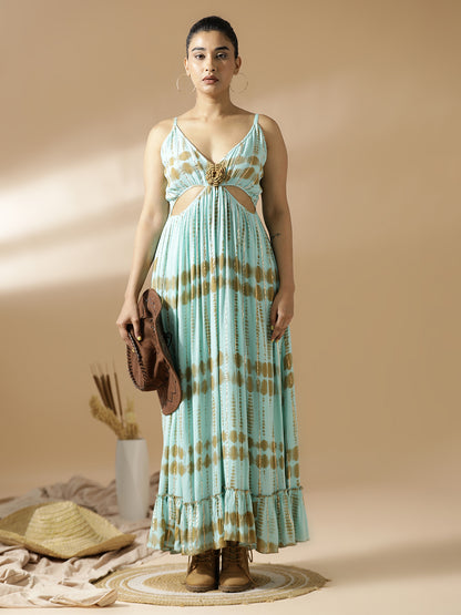 Blue and Beige Tie&Dye Long Dress