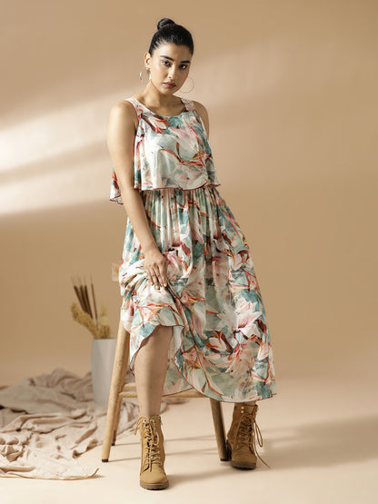 Green leaf Print Long A-Line Dress