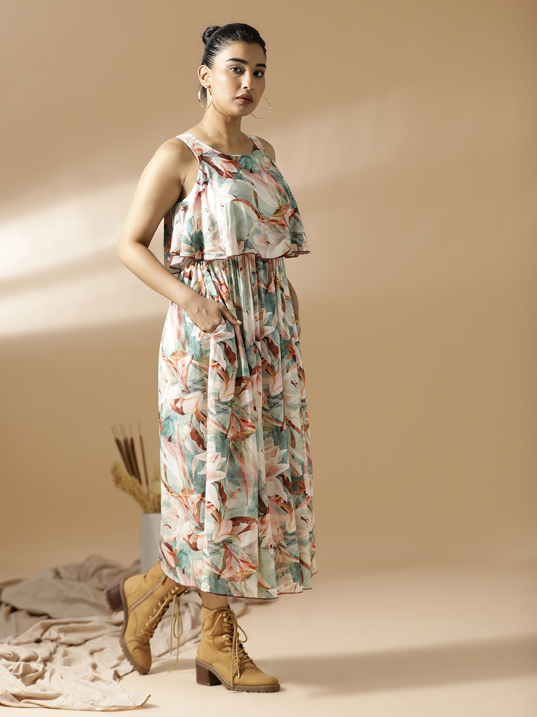 Green leaf Print Long A-Line Dress