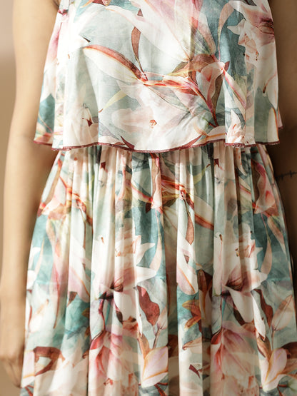 Green leaf Print Long A-Line Dress