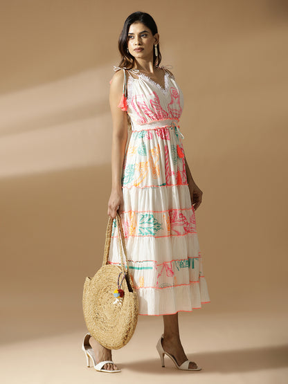 Neon Print Long Tiered Dress