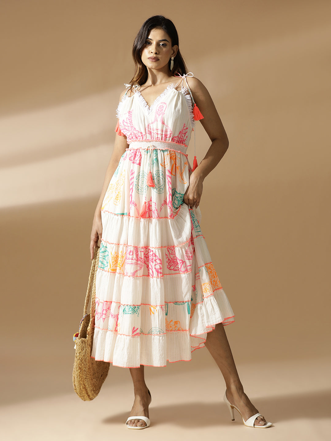 Neon Print Long Tiered Dress