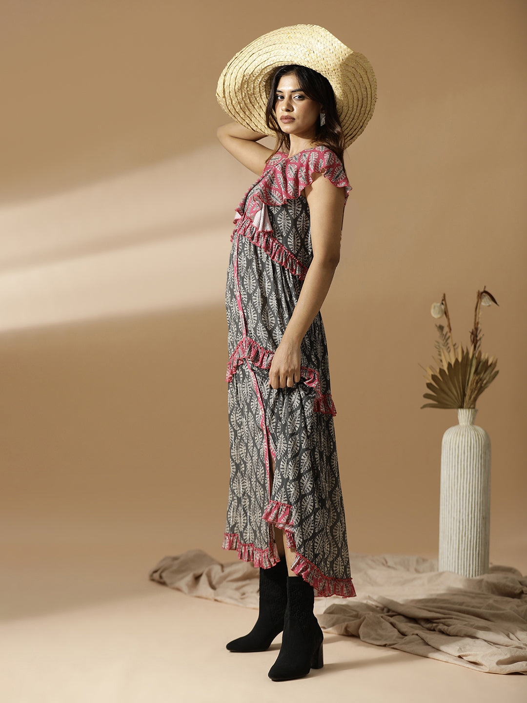 Pink & Grey Leaf Print Long Tiered Dress