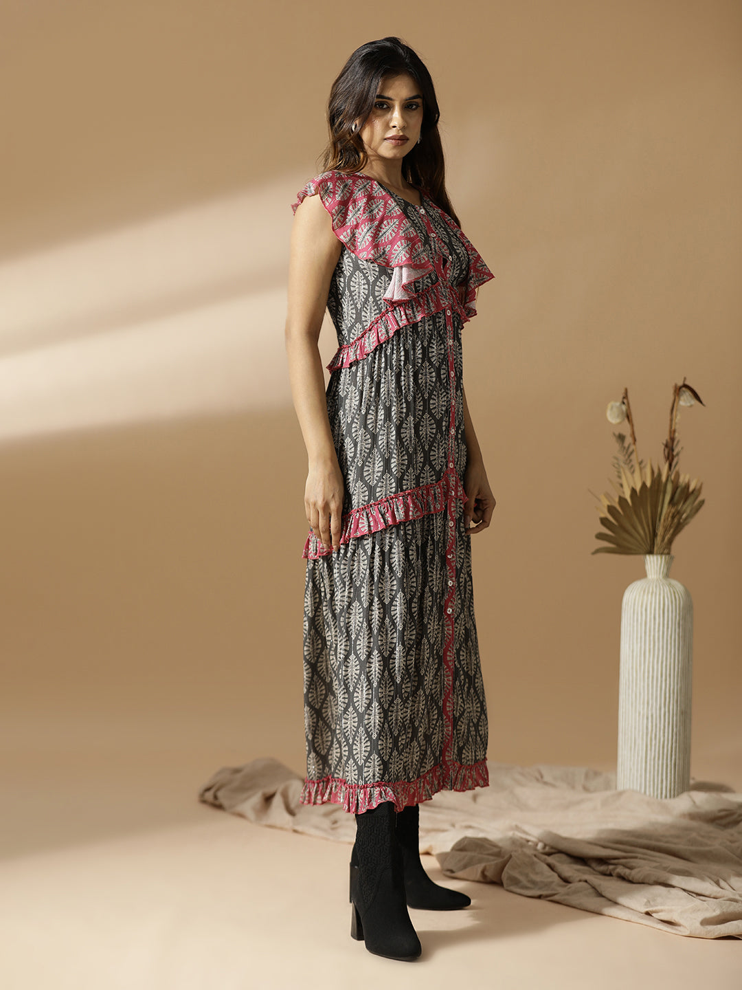 Pink & Grey Leaf Print Long Tiered Dress