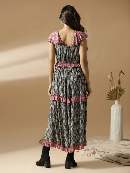 Pink & Grey Leaf Print Long Tiered Dress