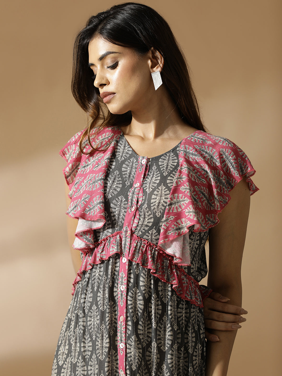 Pink & Grey Leaf Print Long Tiered Dress