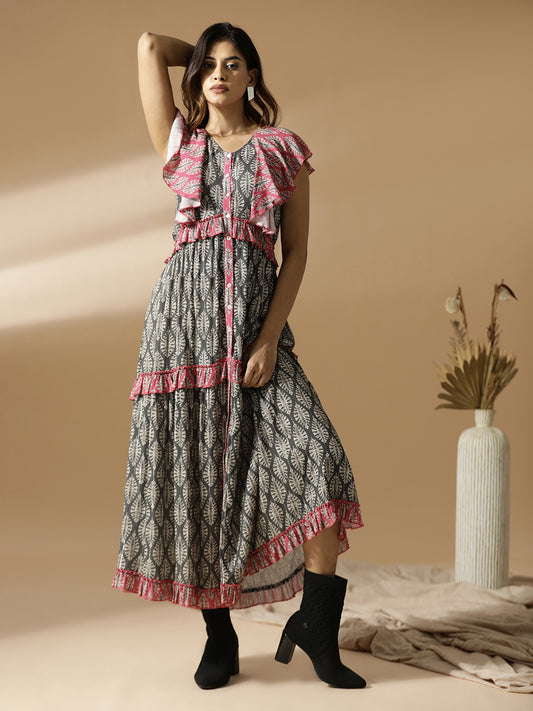 Pink & Grey Leaf Print Long Tiered Dress