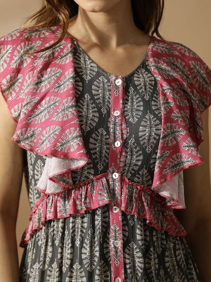 Pink & Grey Leaf Print Long Tiered Dress