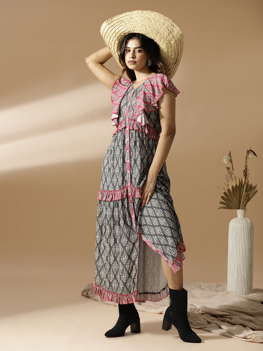 Pink & Grey Leaf Print Long Tiered Dress