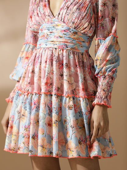 Pink&Blue Floral Pleated Short Tiered Dress