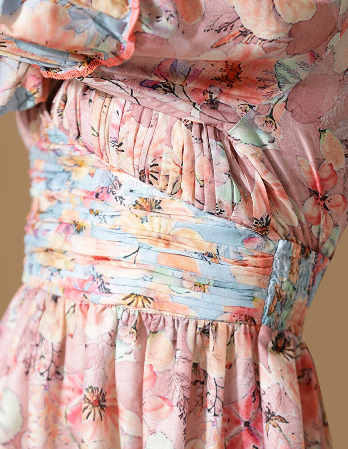 Pink&Blue Floral Pleated Short Tiered Dress