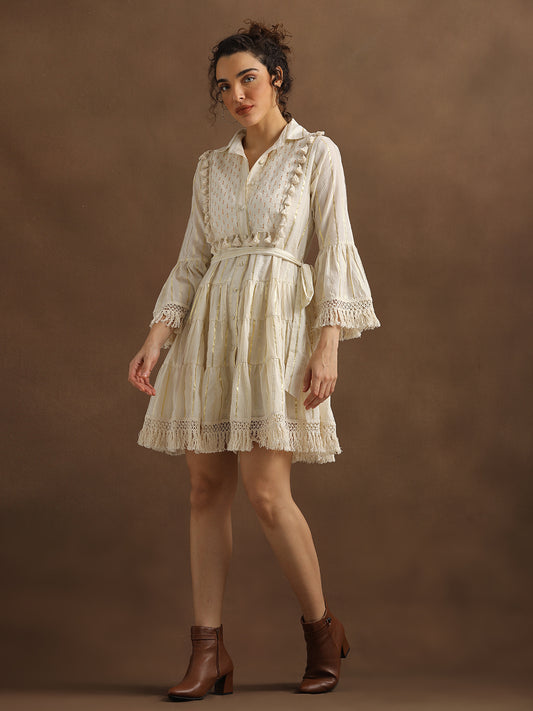 Natural Cotton Lurex Short Tiered Dress