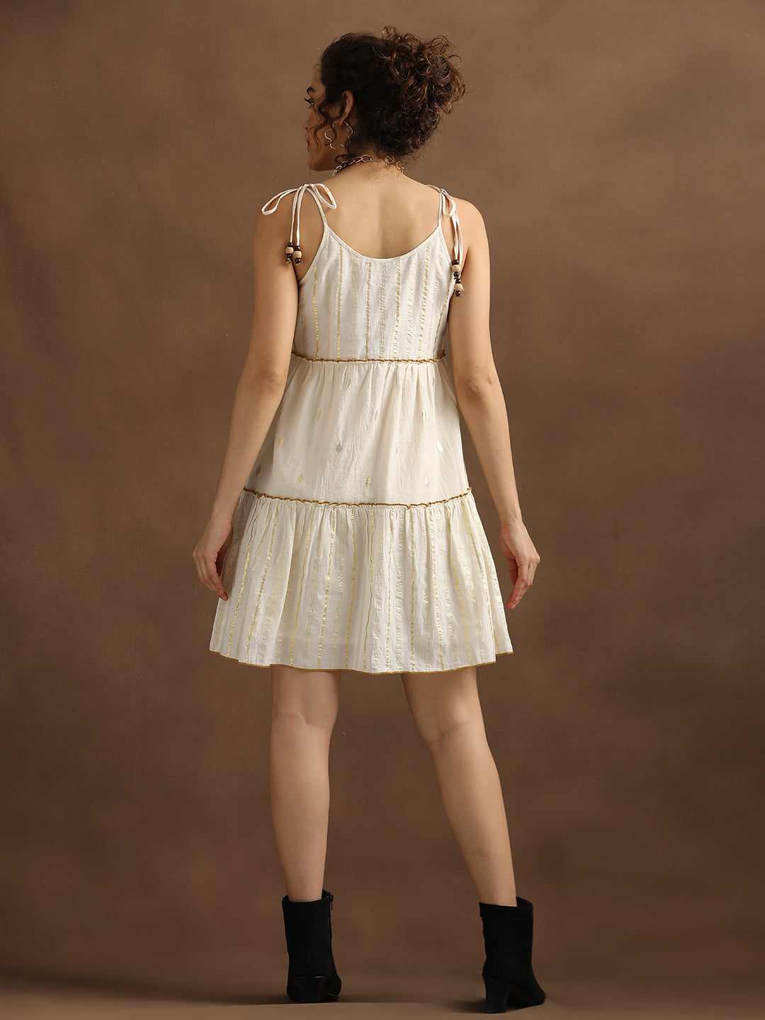 Natural Lurex shoulder Tie-up Tiered Dress