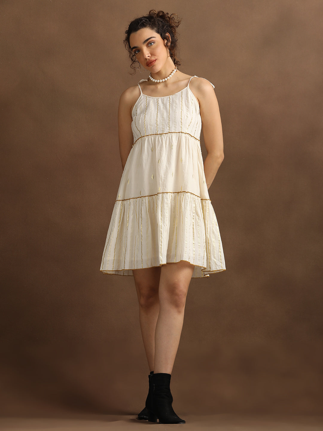 Natural Lurex shoulder Tie-up Tiered Dress