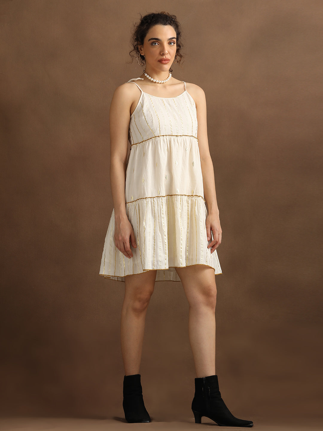 Natural Lurex shoulder Tie-up Tiered Dress