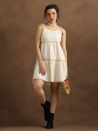 Natural Lurex shoulder Tie-up Tiered Dress
