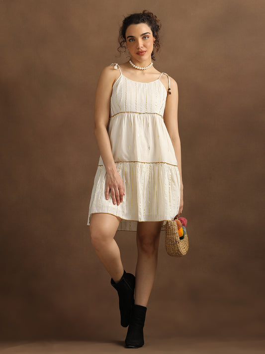 Natural Lurex shoulder Tie-up Tiered Dress