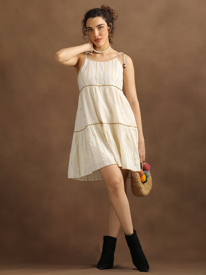 Natural Lurex shoulder Tie-up Tiered Dress