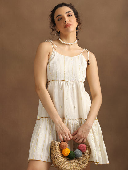 Natural Lurex shoulder Tie-up Tiered Dress