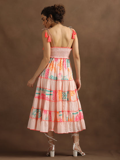 Neon Print Peach Lurex Long Tiered Dress