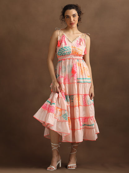 Neon Print Peach Lurex Long Tiered Dress