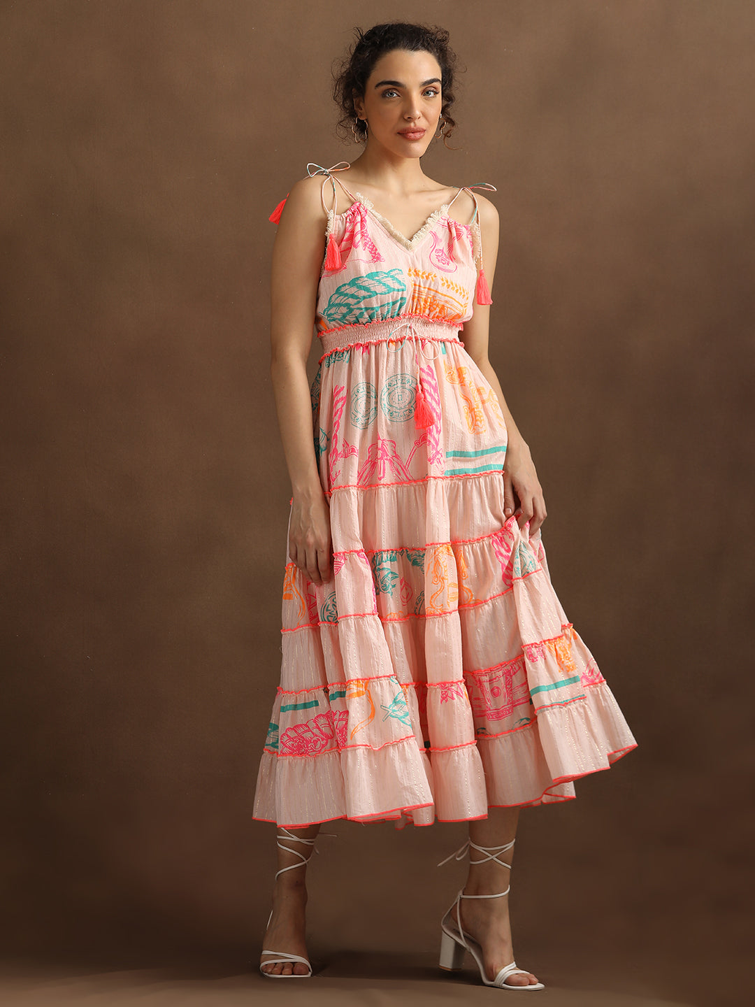 Neon Print Peach Lurex Long Tiered Dress