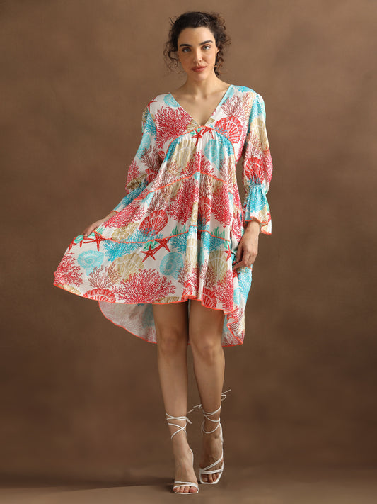 Coral Print Short Tiered Dress